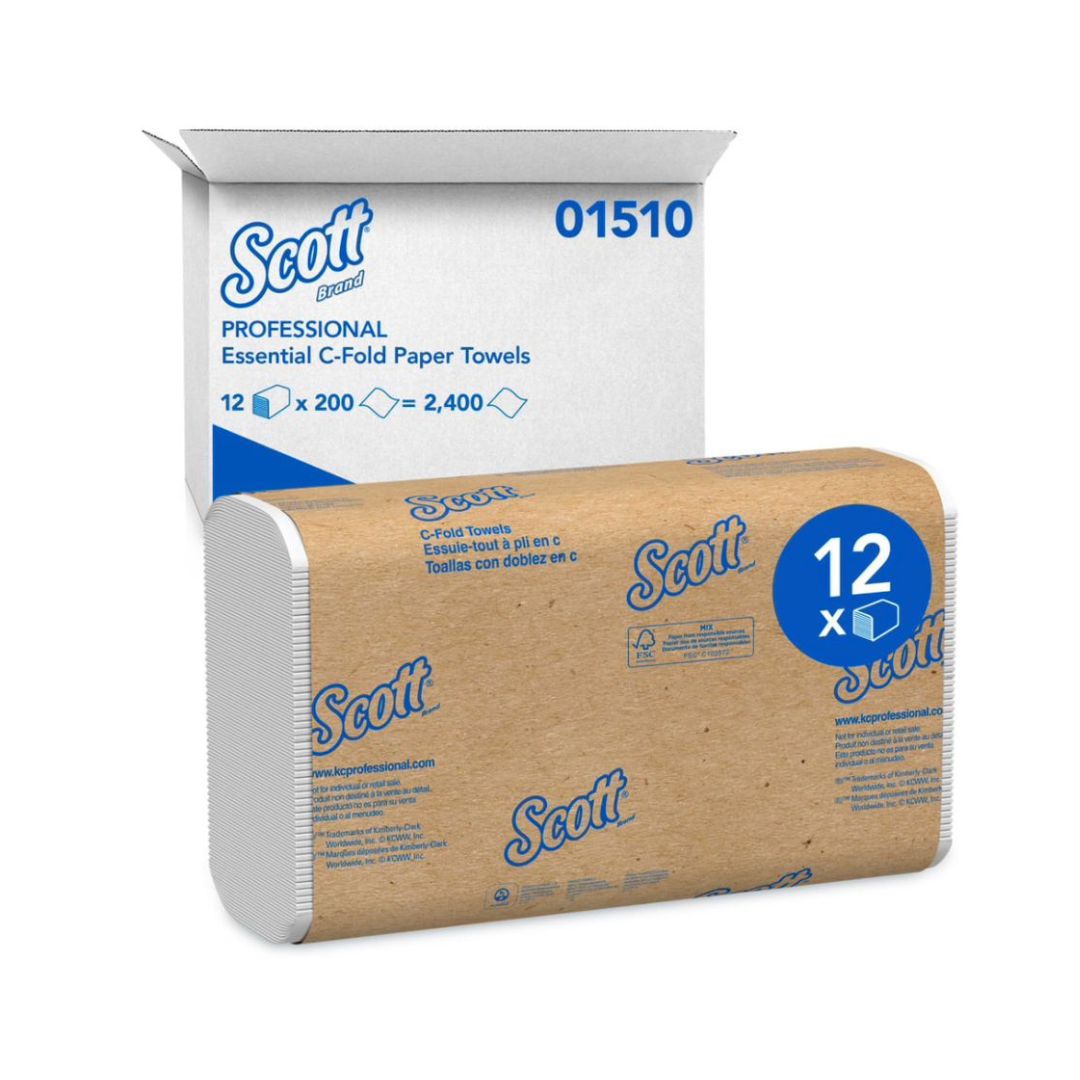 A box of Scott Professional Paper Towels, with one roll partially visible, indicating 12 rolls of 200 sheets each.
